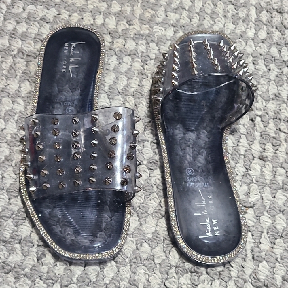 Nicole Miller Clear Gray Rhinestone Studded Jelly Slide Slip On Sandals Size 8 - Picture 2 of 7